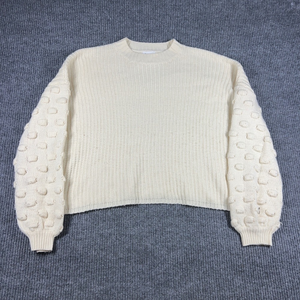 &merci Sweater Women's S Cream Pom Pom Sleeve Ribbed Knit Cropped